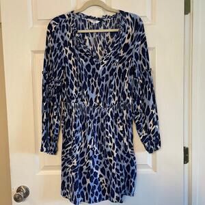 Crown & Ivy Long Sleeve Ruffle Neck Peasant Dress Animal Print Blue Sz M
